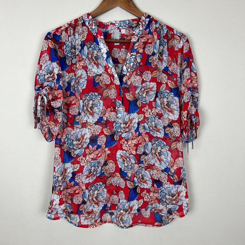 Kut from the Kloth‎ Blouse Top Womens Medium Red Floral Sheer Chiffon V-Neck Tie